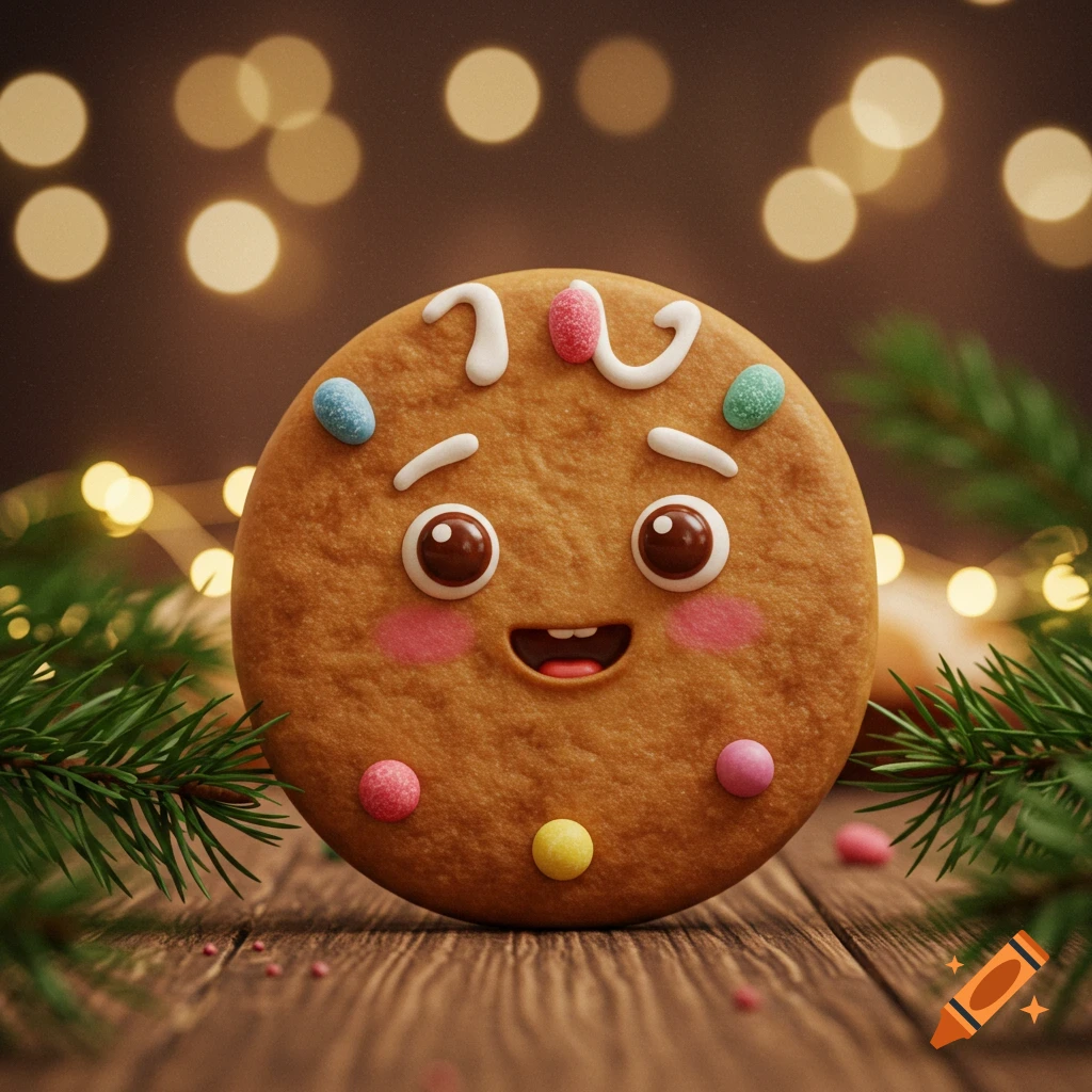 A happy gingerbread cookie with icing details and candy dots on a wooden table with pine branches and bokeh lights.