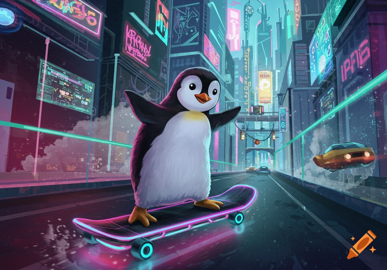 A cute cartoon penguin skateboards through a neon-lit futuristic city with flying cars.