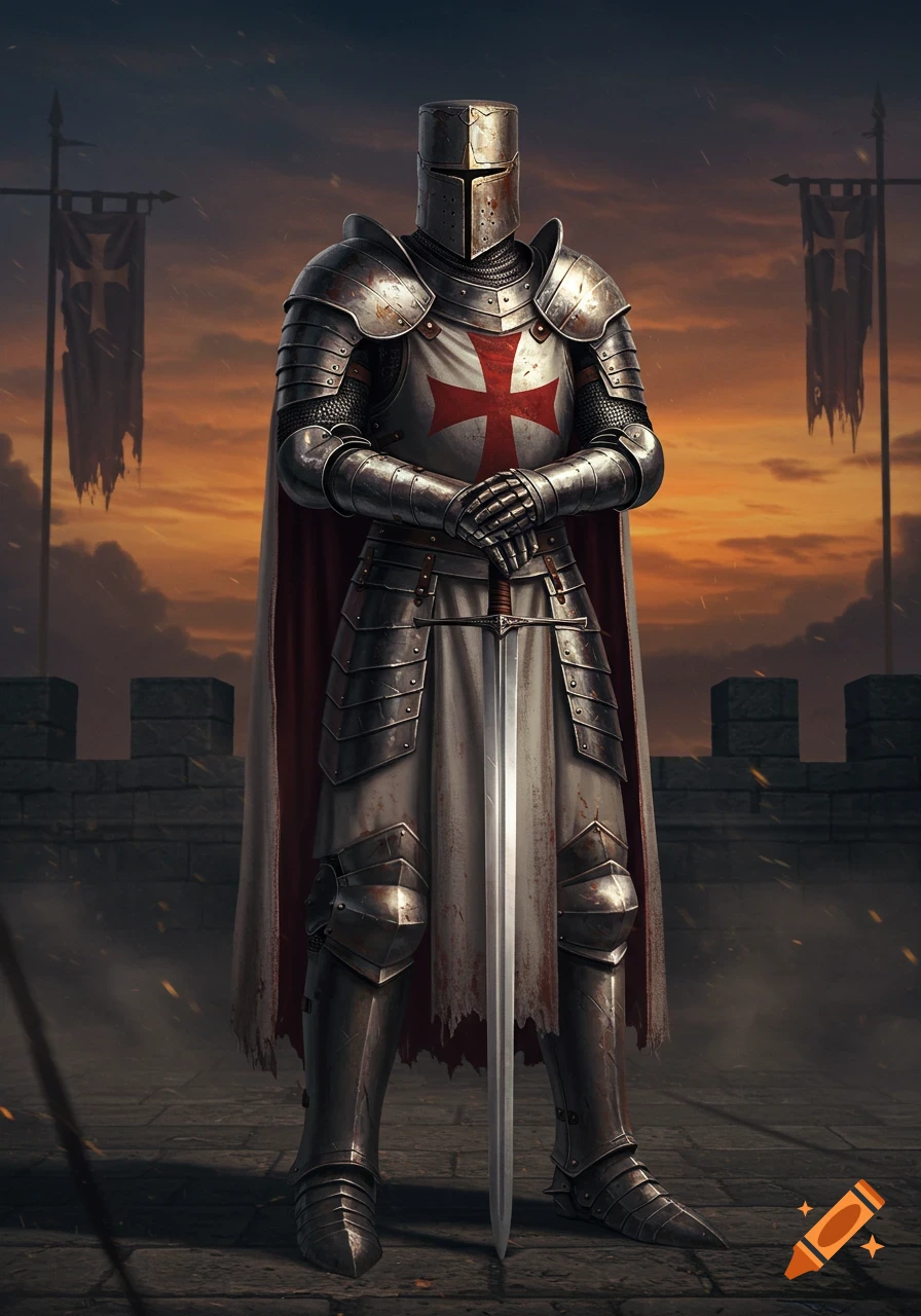 A fully armored templar knight holds a longsword, standing in front of castle walls against a sunset sky, digital art.