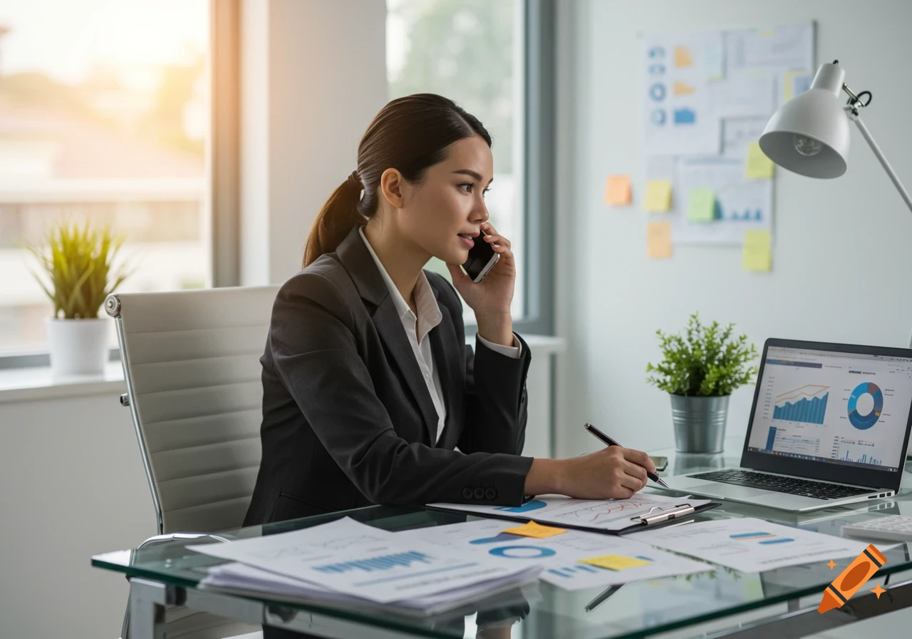 A business woman on the phone, writing notes at her office desk with a laptop and papers.