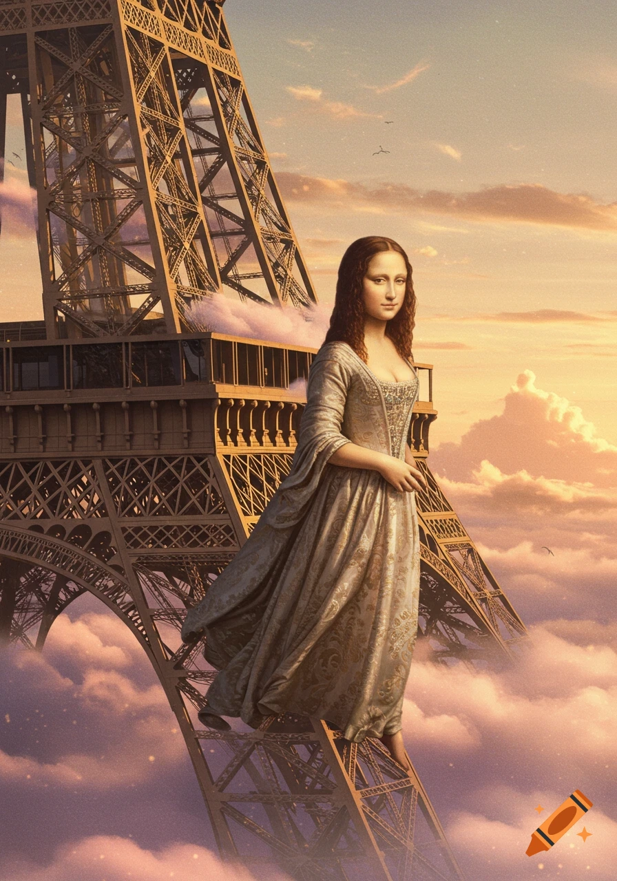 Mona Lisa, in a flowing dress, climbs the Eiffel Tower among pink and orange clouds at sunset, in a surreal art style.