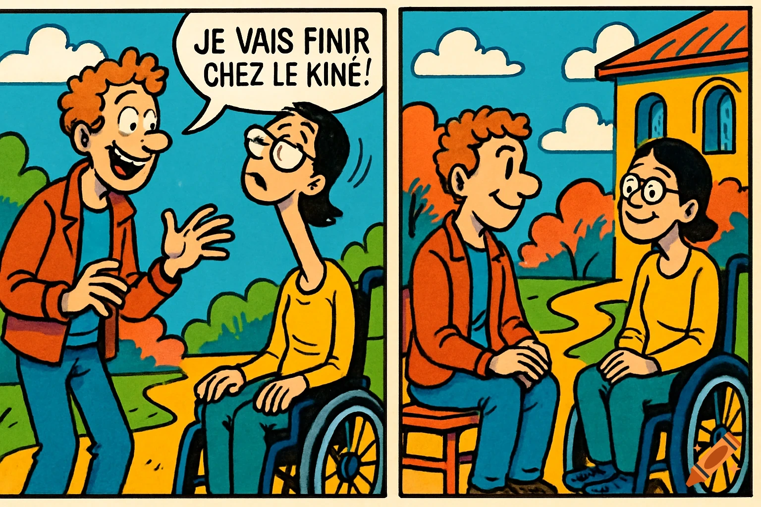 A two-panel comic: In the first, a man talks to a person in a wheelchair with a long neck. In the second, they sit, smiling comfortably.