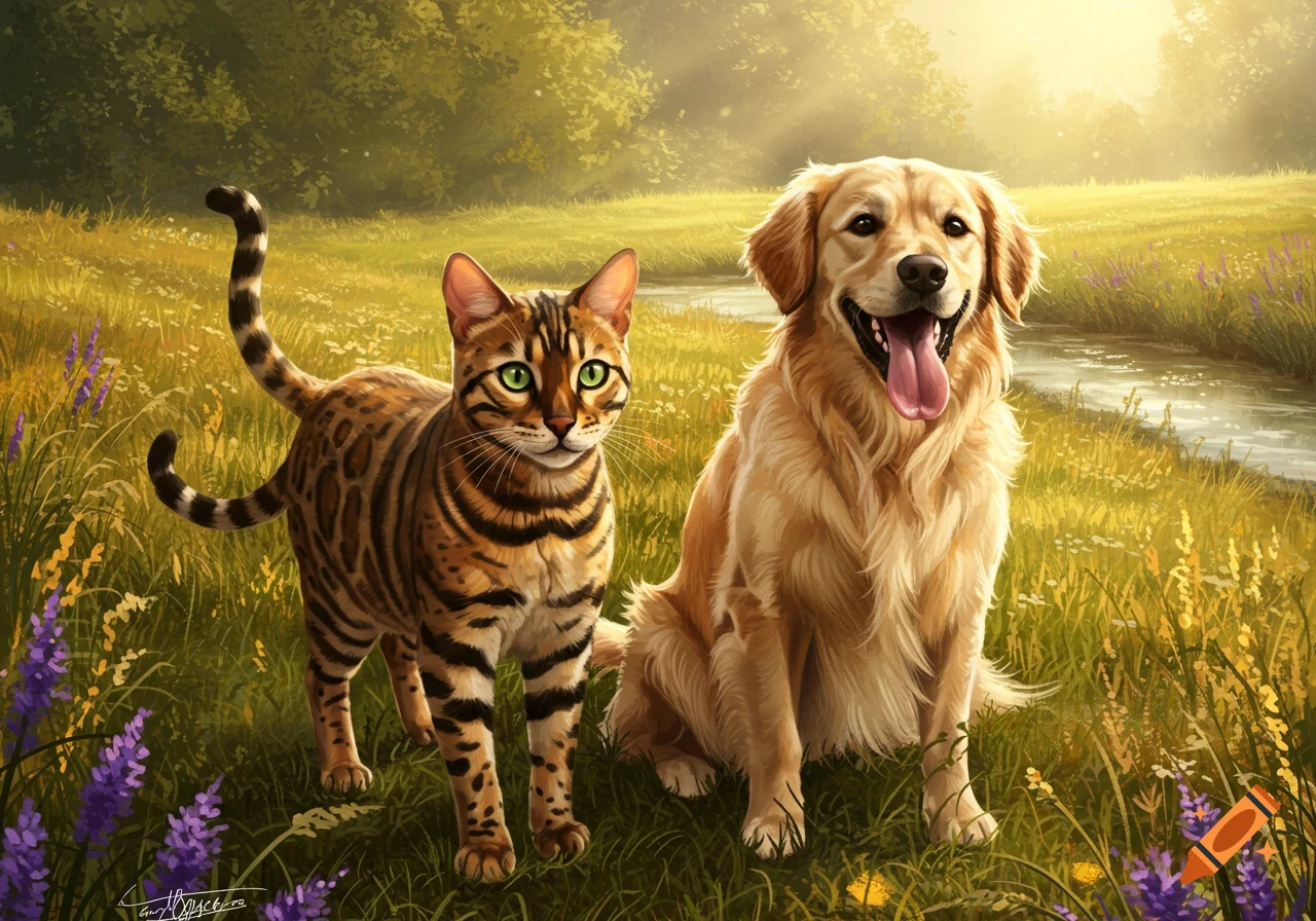 A Bengal cat and a Golden Retriever dog stand side-by-side in a sunlit meadow with a stream, in a painterly style.