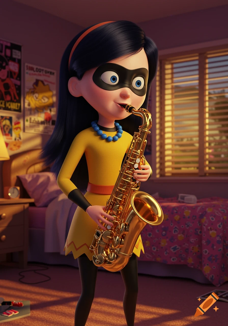 A 3D animated image of Violet from The Incredibles, wearing a yellow dress and black mask, playing a golden saxophone in a bedroom.