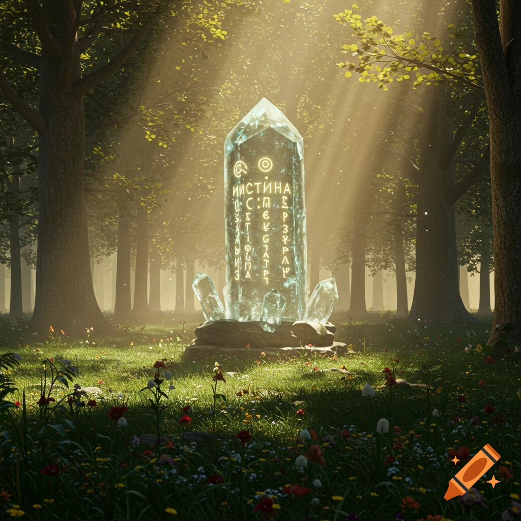 A large, glowing crystal monument with magical text carved into it stands in a sun-dappled forest clearing filled with wildflowers.
