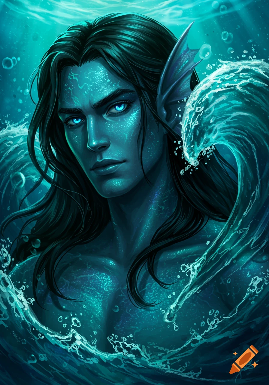 Fantasy illustration of a male water genasi with glowing blue skin and eyes, long dark hair, emerging from swirling turquoise water.