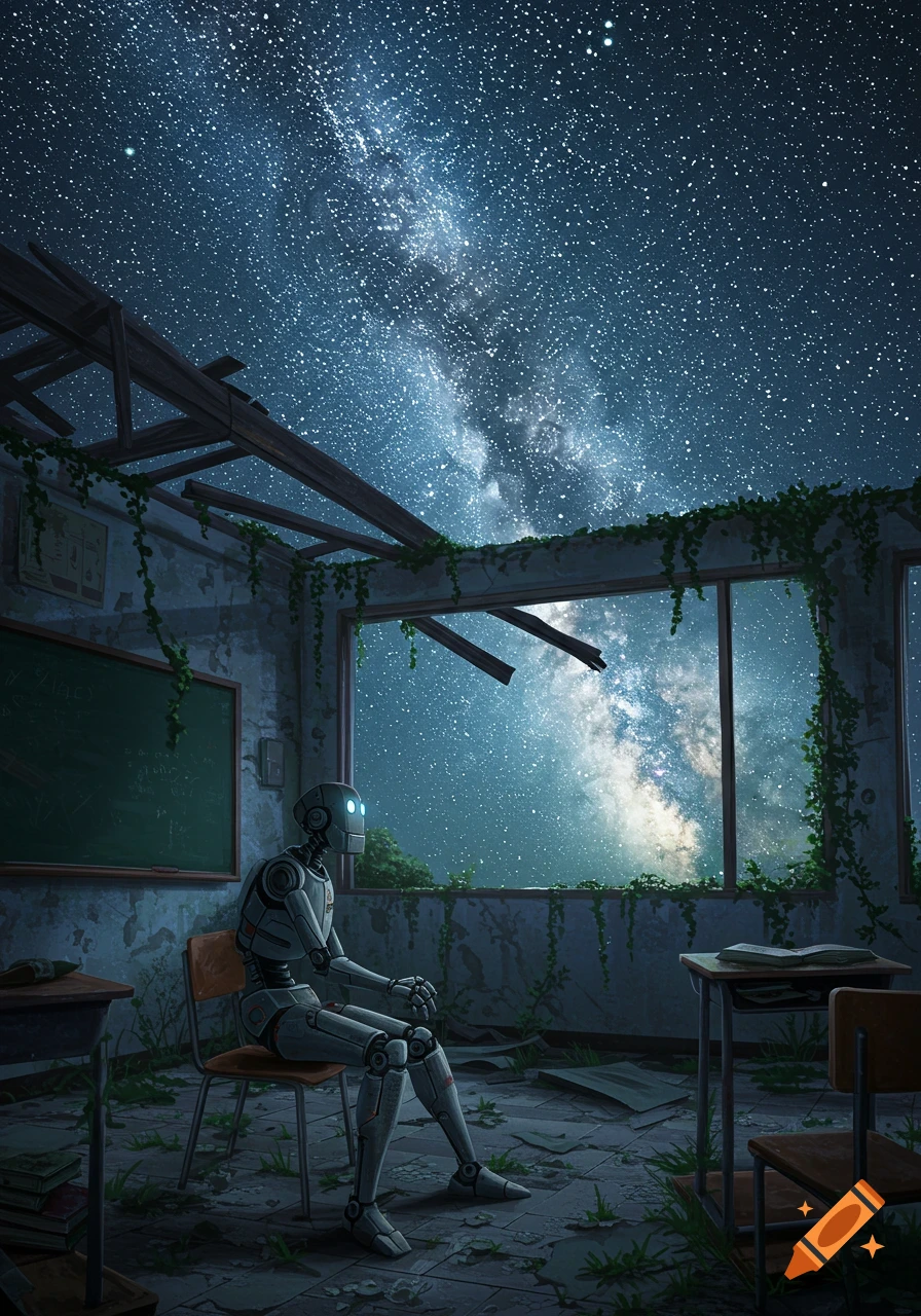 A robot sits in a dilapidated classroom, gazing out a broken window at a vibrant starry night sky.