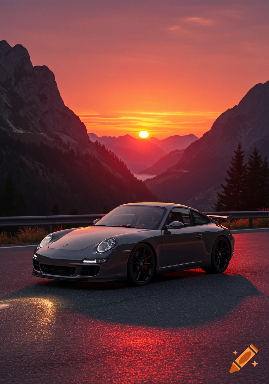 A grey Porsche 997 GT3 sports car parked on a mountain road during a vibrant sunset, casting red reflections.