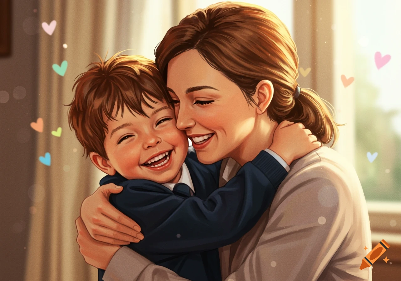 An illustrated image of a joyful mother and her young son hugging, both smiling brightly, with colorful hearts floating around them.