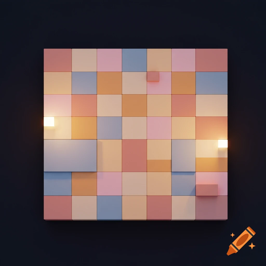 A geometric grid of pastel pink, blue, yellow, and orange rectangular tiles, some raised, with two small glowing lights on a dark background.