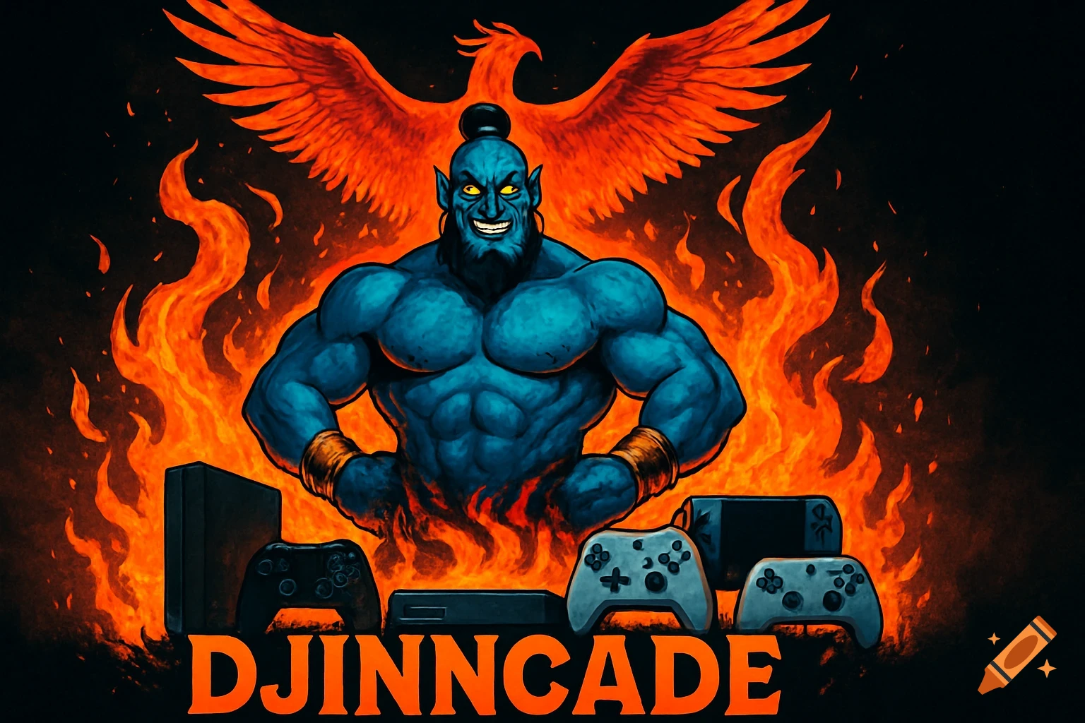 Muscular blue genie with glowing eyes stands amidst orange flames, a phoenix above, and gaming consoles below, with "DJINNCADE" text.