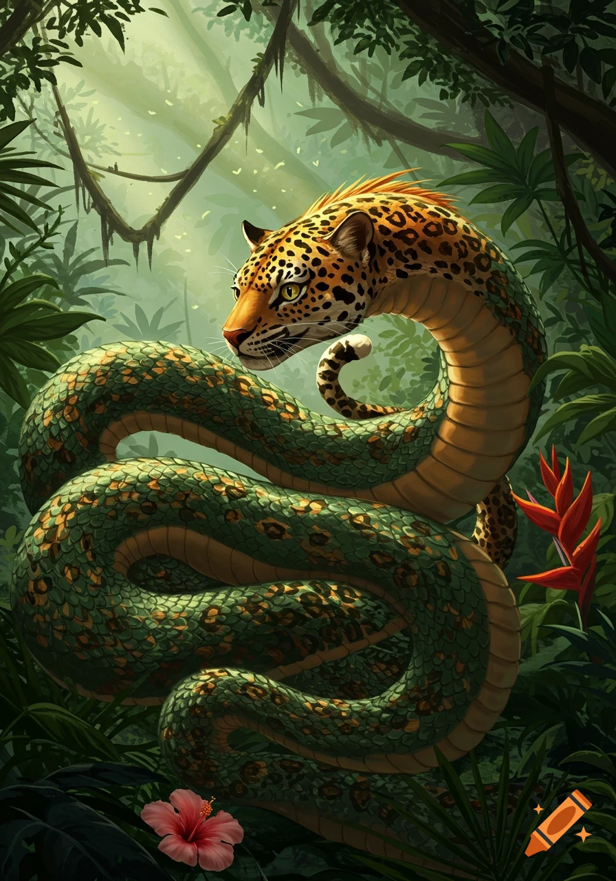 A vibrant illustration of a leopard-headed snake coiled in a lush, green jungle with tropical flowers.