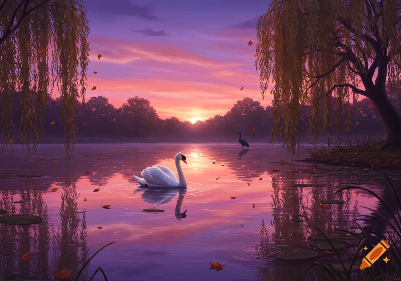 A white swan floats on a reflective lake at sunset, featuring a pink and purple sky and weeping willow trees. Digital art.
