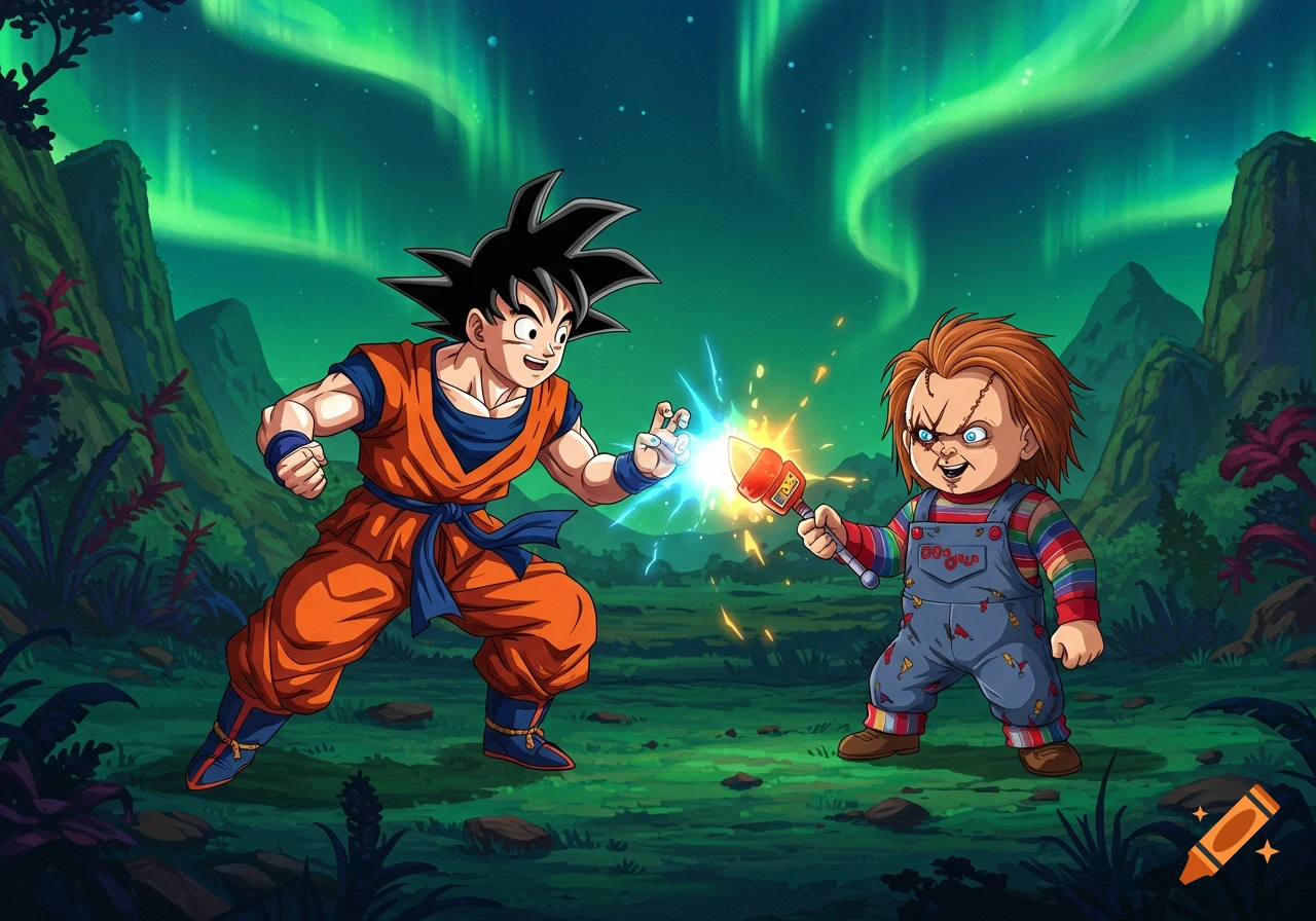 Goku from Dragon Ball and Chucky the doll face off under the Northern Lights in a vibrant cartoon style.