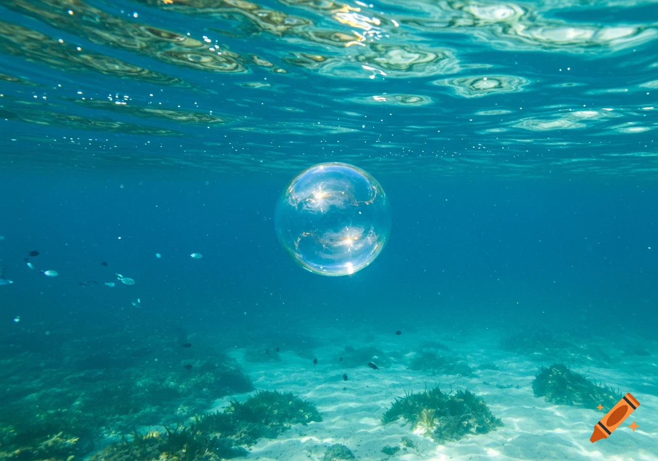 A photorealistic view of a large, luminous air bubble floating in clear blue ocean water, with fish and coral below.