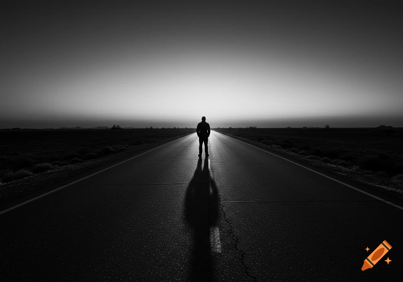 A lone figure stands as a silhouette on an empty, straight road, casting a long shadow towards the viewer, against a fading horizon in black and white.