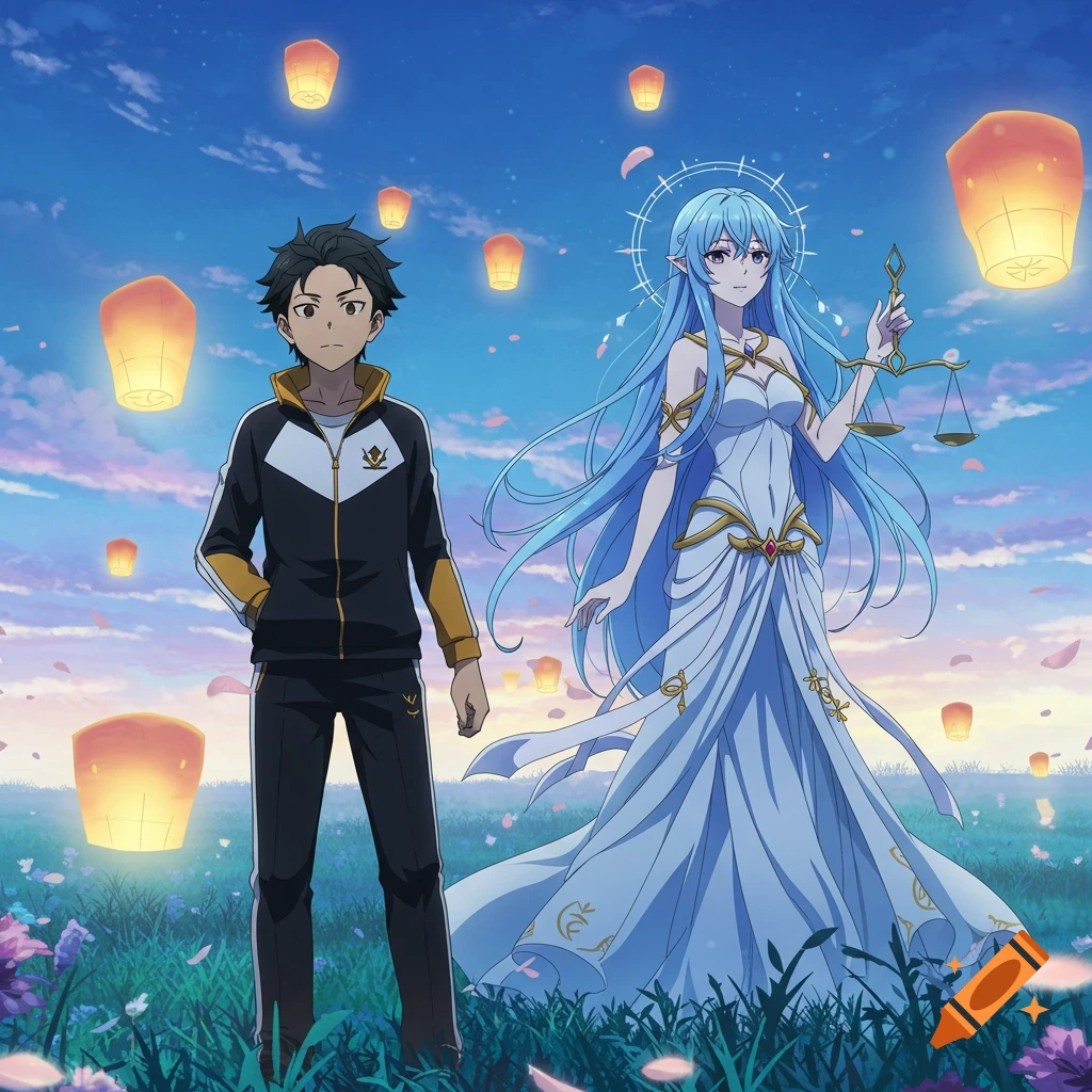 An anime man in a black tracksuit and a blue-haired woman in a white dress holding scales stand in a field with sky lanterns.
