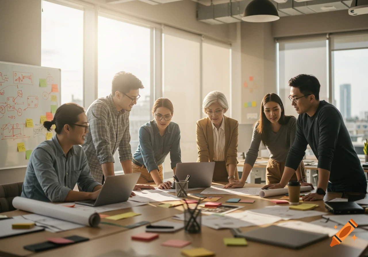 A diverse group of six professionals, including an older woman, collaborates around a table with laptops and papers in a sunny office.