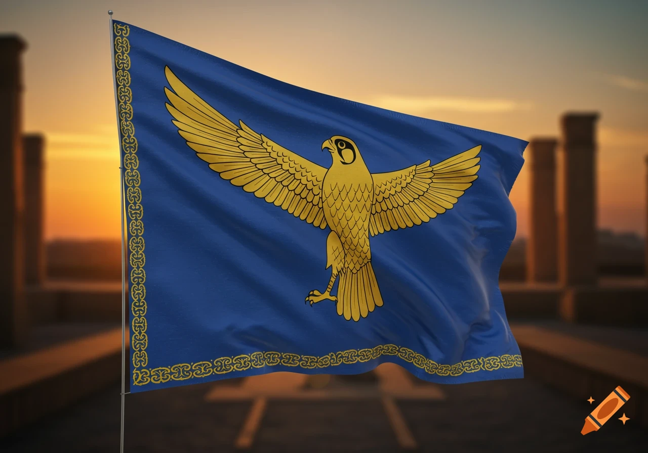A blue flag featuring a golden eagle/falcon emblem and patterned borders waves against a blurred sunset background with ancient columns.