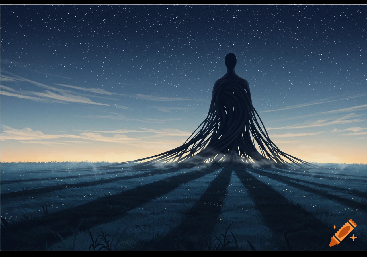 A tall, dark, abstract figure made of twisted lines stands in a field at dusk under a starry sky, casting long shadows. Digital art.