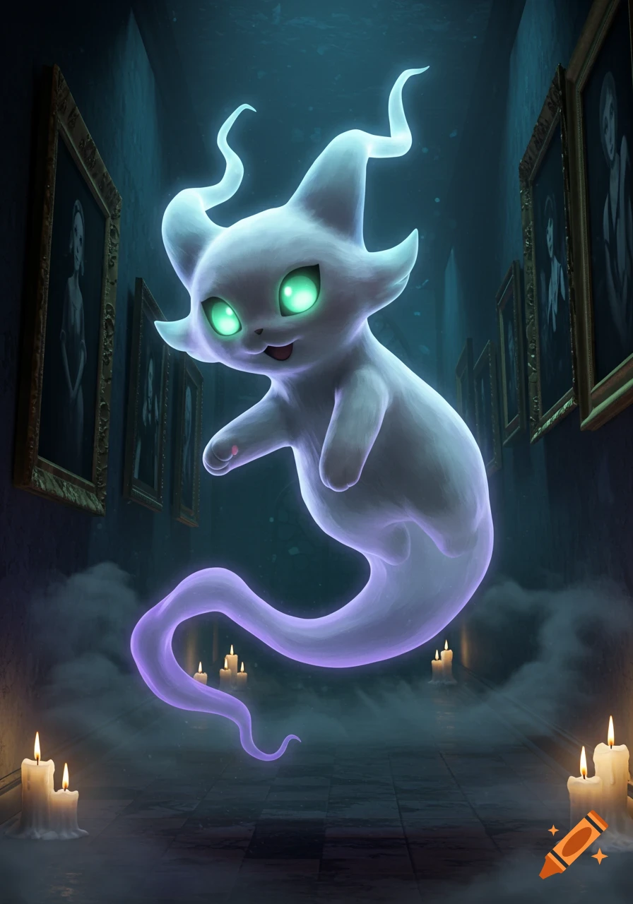 A glowing white cat-like ghost with green eyes floats in a dark, candlelit hallway with framed portraits.