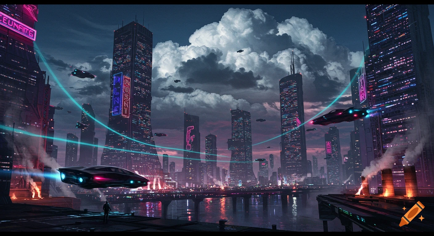 A futuristic city at night with towering skyscrapers adorned with colorful neon lights, flying cars, and a river reflecting the city glow under a cloudy sky.