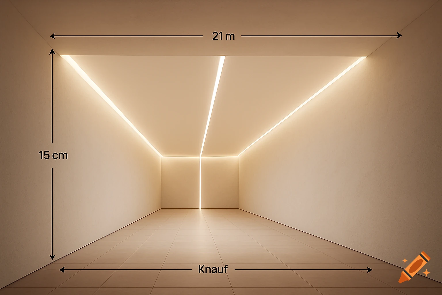 An empty modern room with a white Knauf ceiling, featuring perimeter hidden LED lighting and a central light line, with measurements '21 m' and '15 cm' and 'Knauf' labeled.