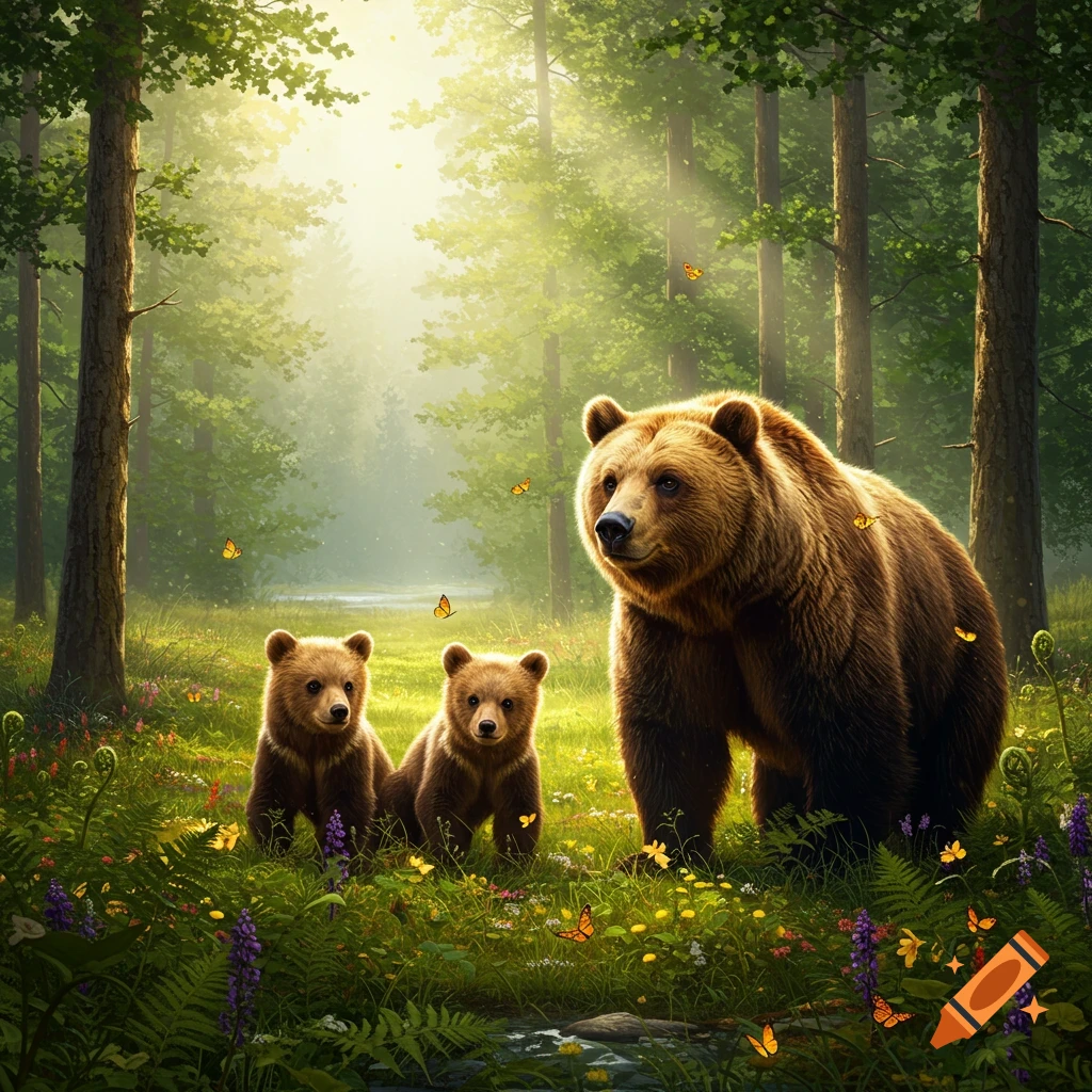 A large brown bear stands with two cubs in a vibrant, sunlit forest clearing filled with wildflowers and butterflies.
