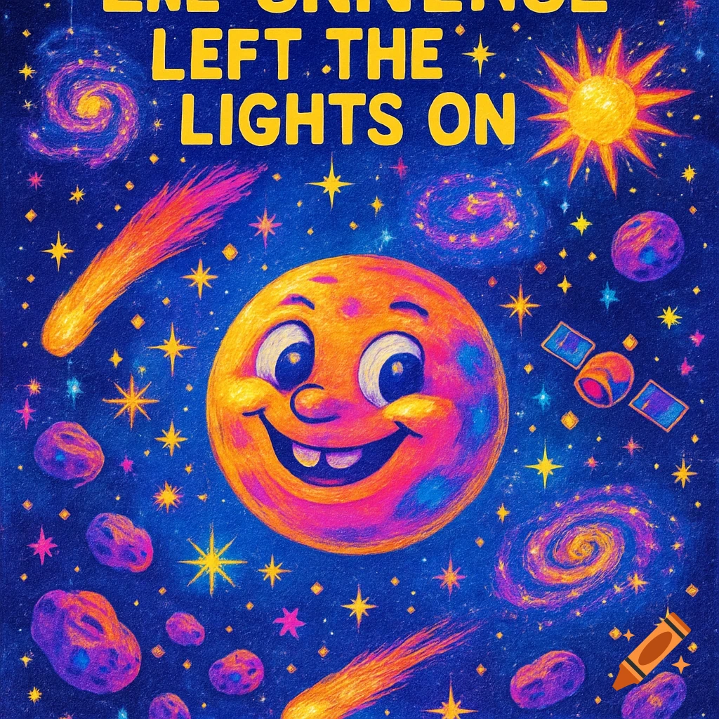 Whimsical cartoon poster: smiling orange planet in space with stars, comets, galaxies. Text: "THE UNIVERSE LEFT THE LIGHTS ON".