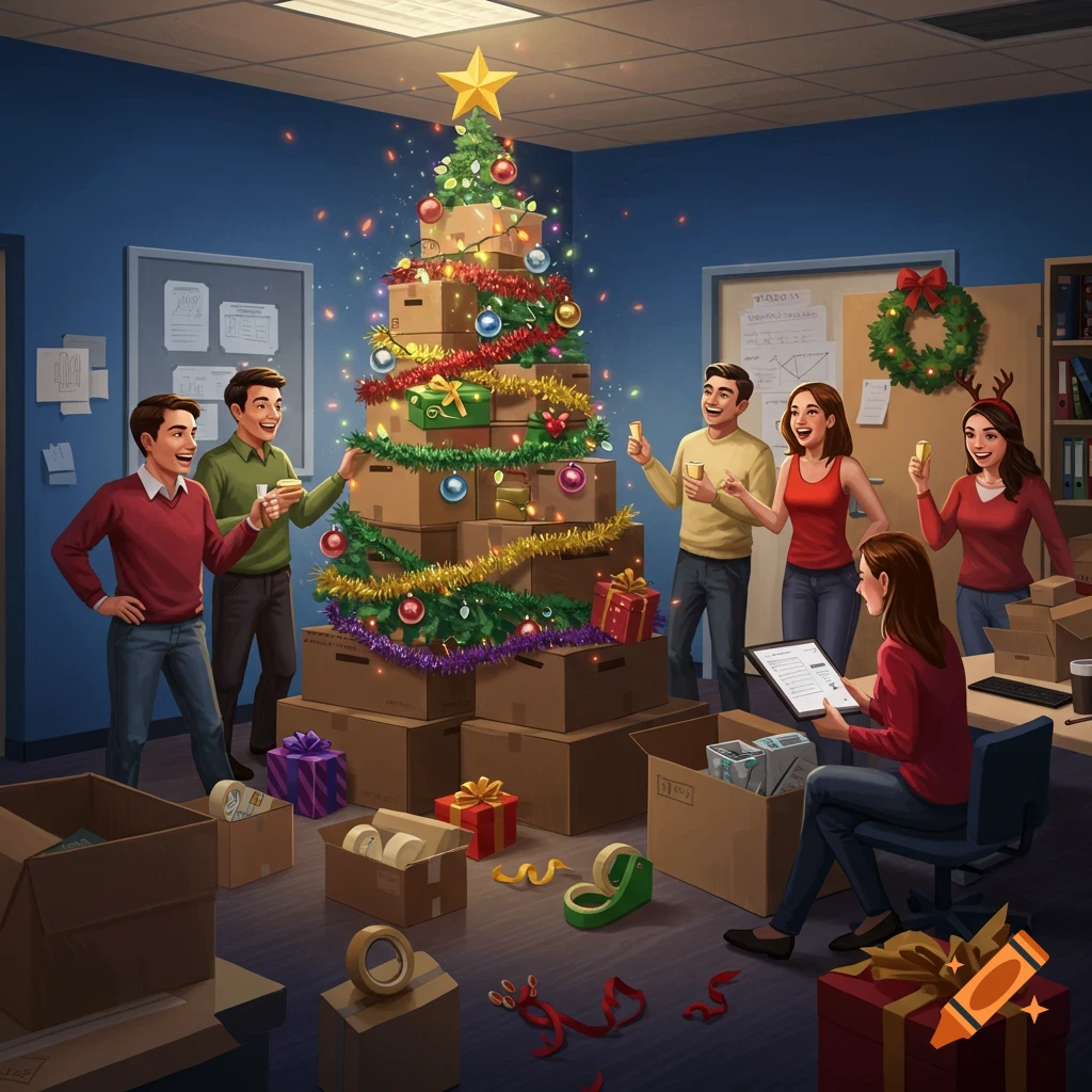 An office team celebrates Christmas, gathered around a Christmas tree made of moving boxes, adorned with tinsel, ornaments, and a star. Presents, tape, and packing supplies are on the floor. An illustrative style.