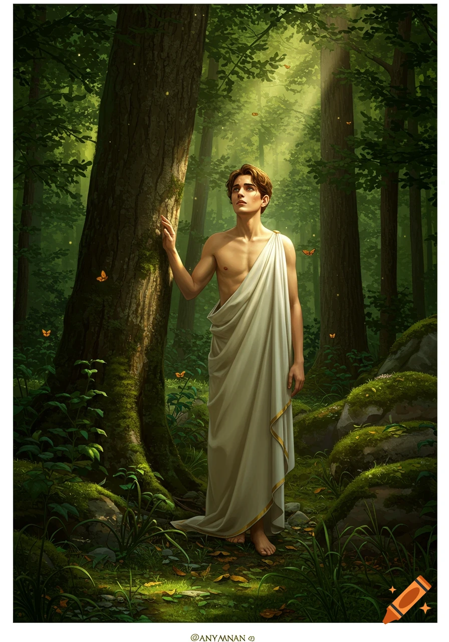 A young man in classical Greek attire stands in a lush, sun-dappled forest, looking skyward. Detailed digital illustration.