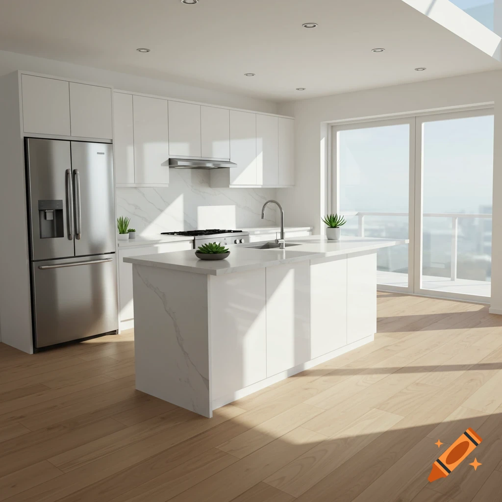 A bright, modern kitchen with white cabinets, a stainless steel fridge, a central island, and a large window looking out to a city.