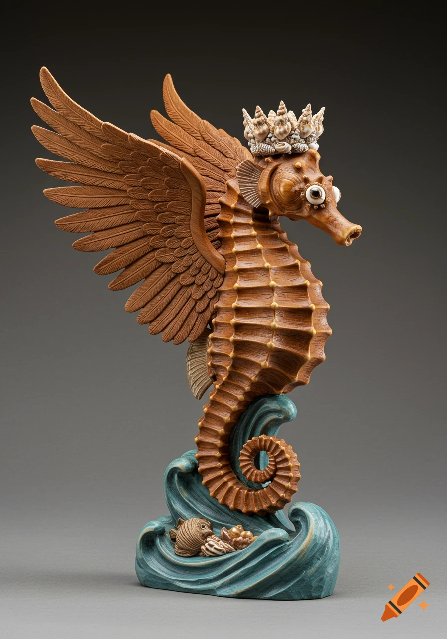 Wood carving of a winged seahorse with shell eyes and a shell crown, standing on carved ocean waves.