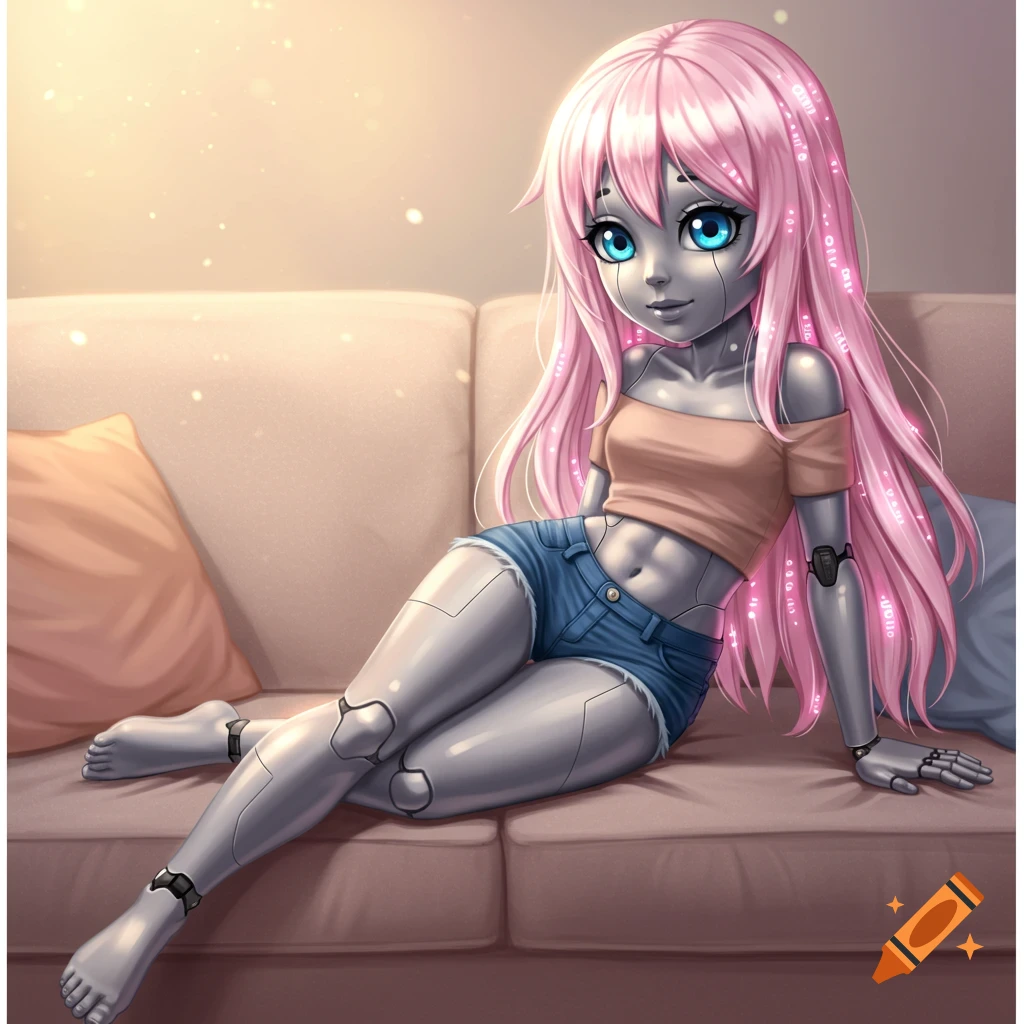 A cute anime robot girl with pink hair, blue eyes, and silver skin sits barefoot on a couch, smiling.