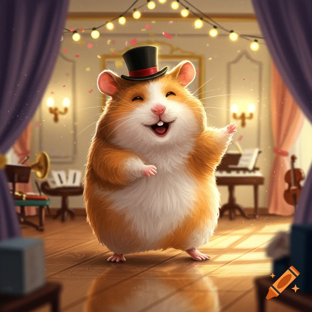 A cute, fluffy orange and white hamster wearing a top hat smiles happily while dancing on a stage, surrounded by confetti and musical instruments.