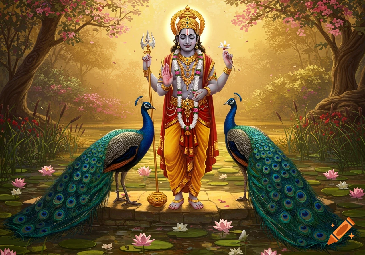 Digital painting of a multi-armed Hindu deity, possibly Karthikeya, standing with two peacocks in a vibrant, golden forest with lotus flowers.