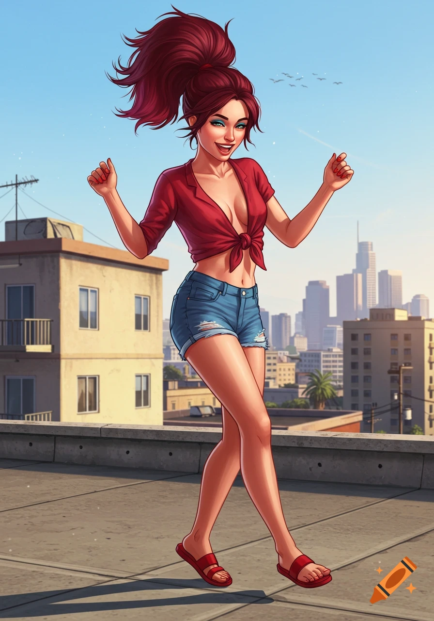 Digital illustration of a smiling woman with maroon hair in a high ponytail, red crop top, jean shorts, and sandals, dancing on a rooftop with a city skyline in the background.