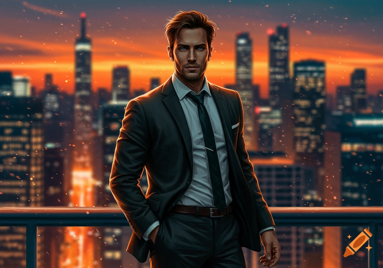 A stylish man in a dark suit and tie stands on a rooftop overlooking a vibrant orange city skyline at sunset.