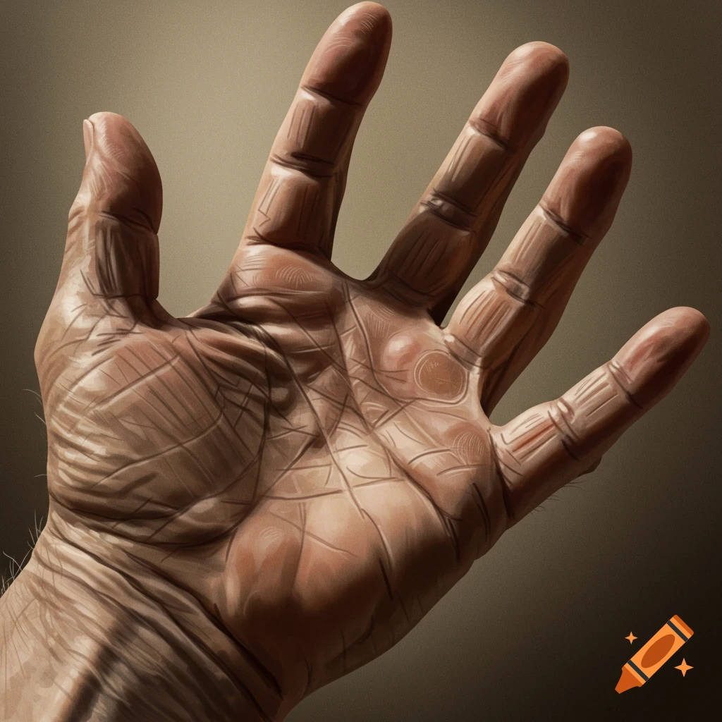 Detailed close-up of an elderly person's right palm with prominent lines and wrinkles, rendered in a realistic, painterly style.