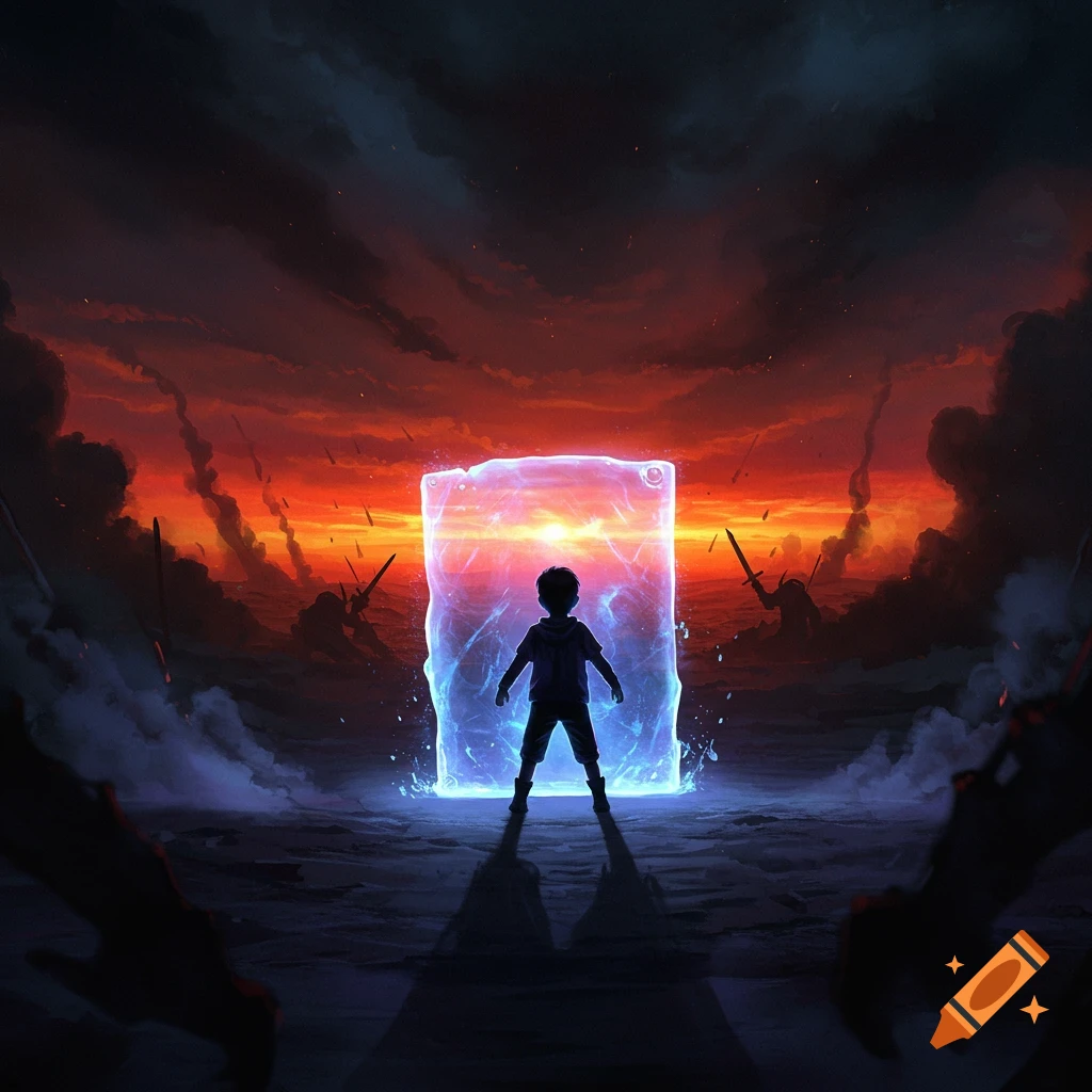 A young boy stands before a glowing blue energy shield, backlit by a dramatic orange and red sunset with shadowy figures in the distance, digital art.