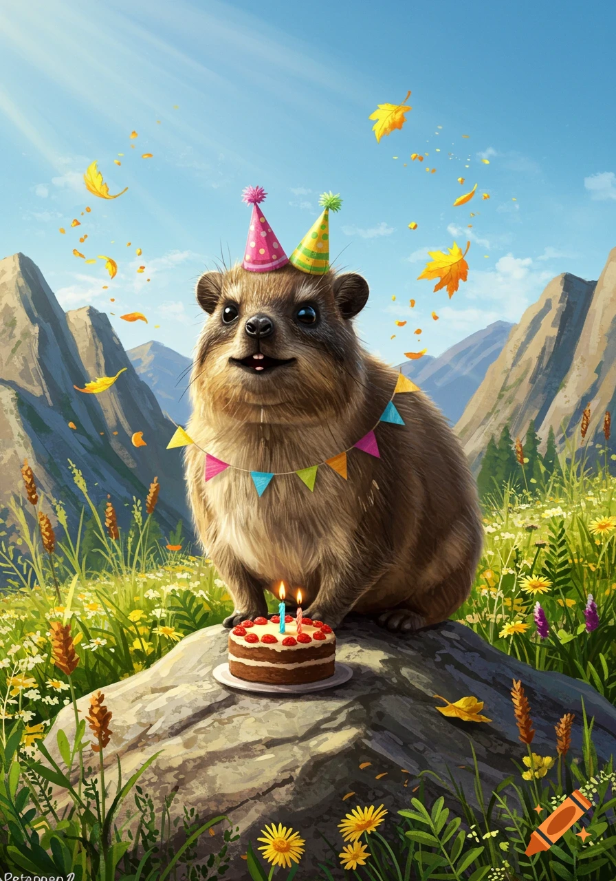 A smiling rock hyrax wearing party hats and a banner sits by a birthday cake with candles on a rock in a sunny mountain meadow with autumn leaves, illustration.