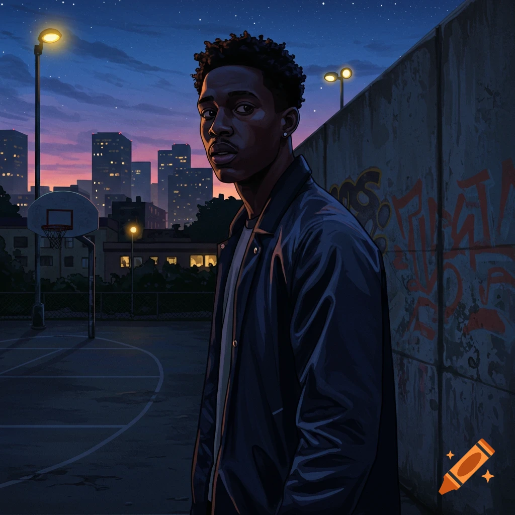 A stylized illustration of a young Black man standing on an urban basketball court at dusk, with city lights and buildings in the background.