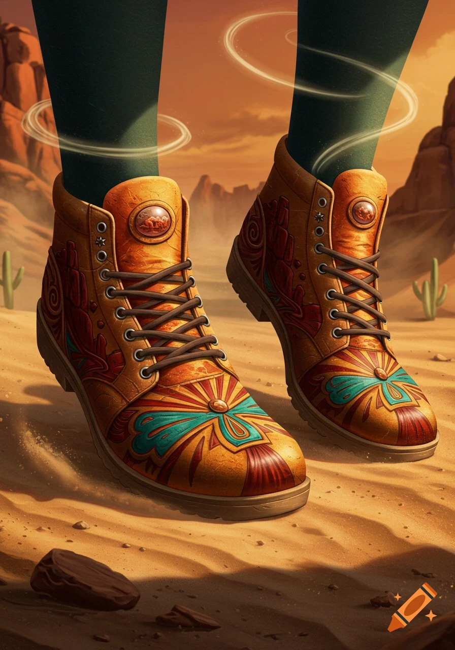 A pair of decorative, patterned boots standing in a sandy desert landscape under an orange sky.