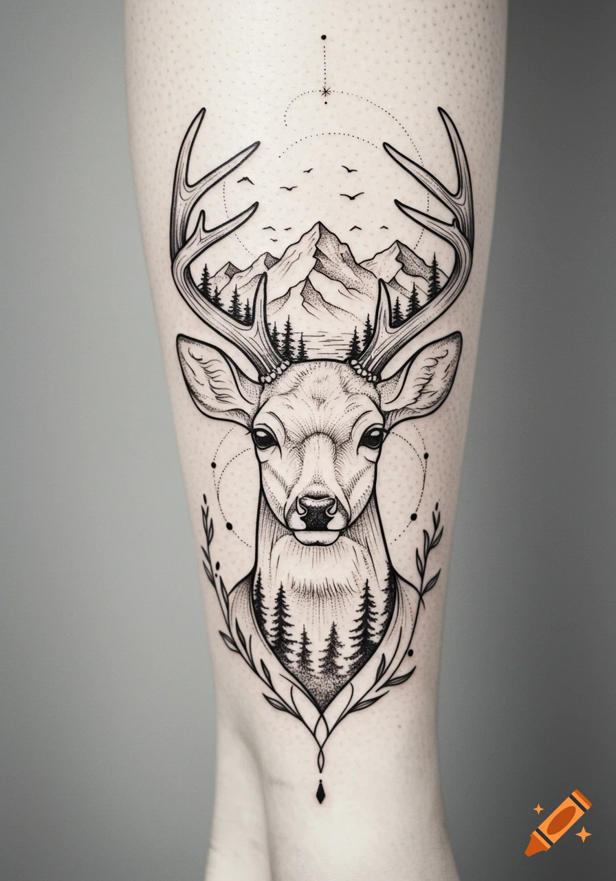 Fine-line black ink tattoo of a deer head with antlers transforming into mountains and pine trees, on a lower leg.