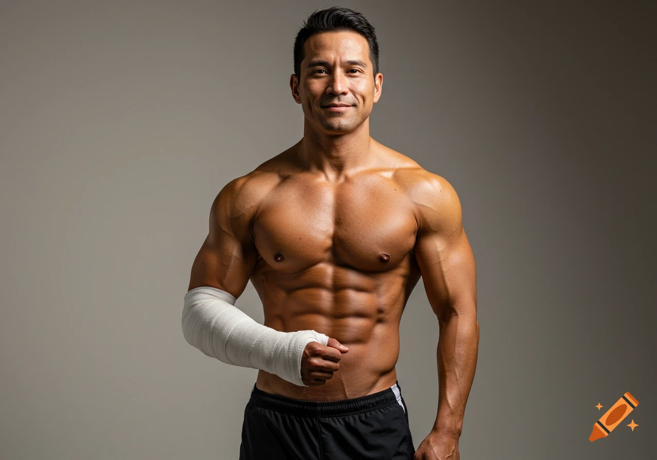 A muscular man with a white cast on his right arm smiles at the camera in a professional studio with a light grey background.