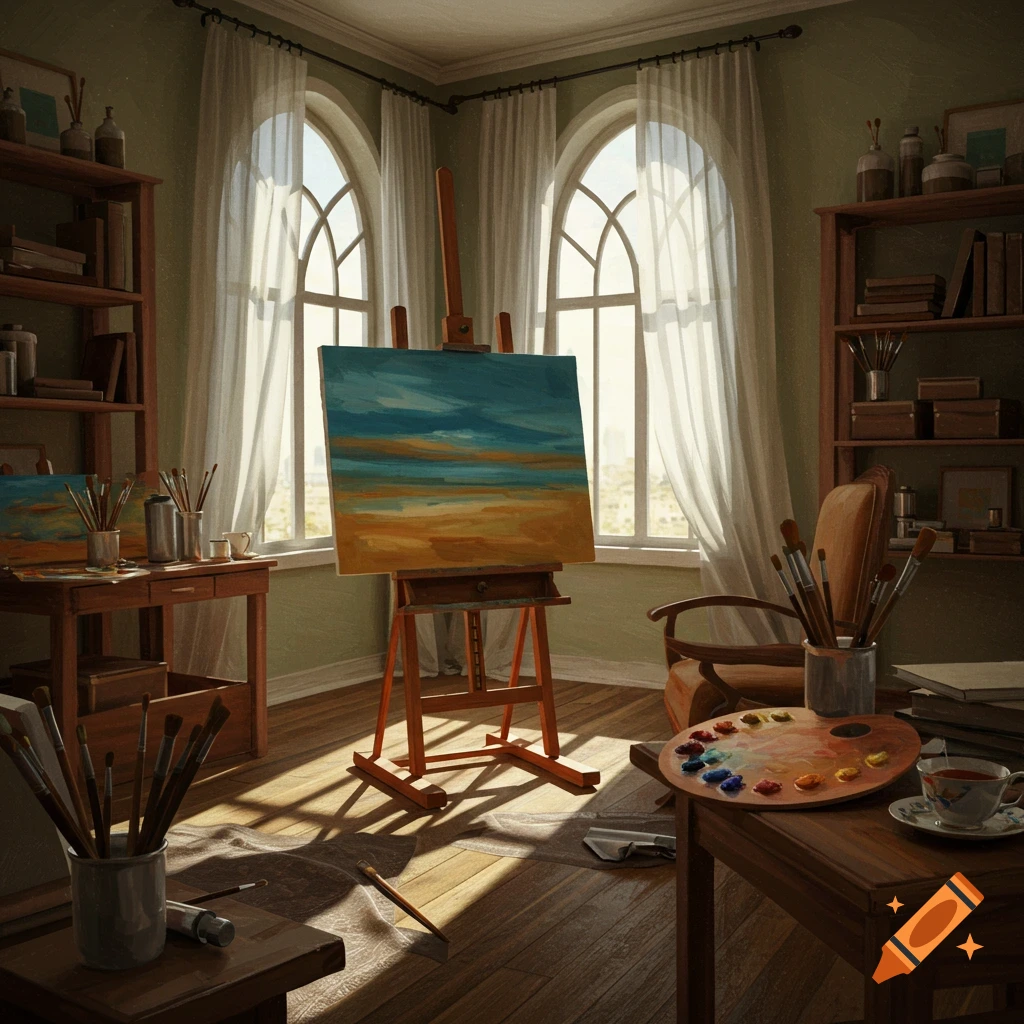 A sunlit artist's studio with an easel holding a painting, brushes, and a palette near arched windows.