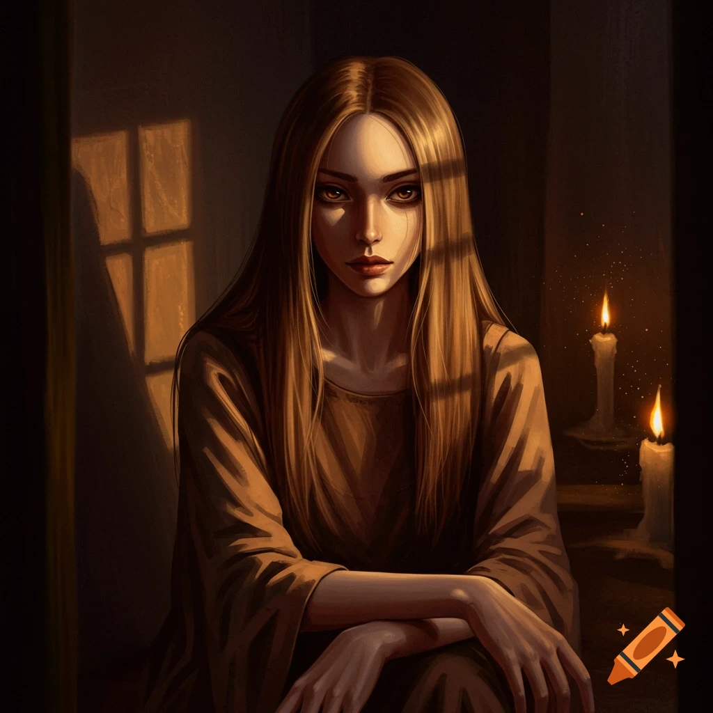 A moody digital painting of a woman with long hair sitting in a dimly lit room, illuminated by window light and candles.