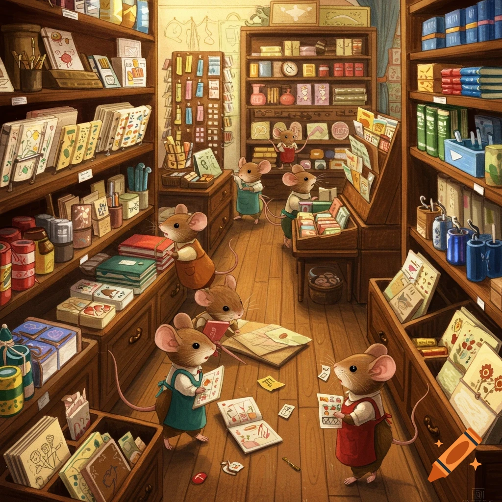 Cute cartoon mice explore a whimsical, detailed stationery store, surrounded by shelves of books and art supplies.