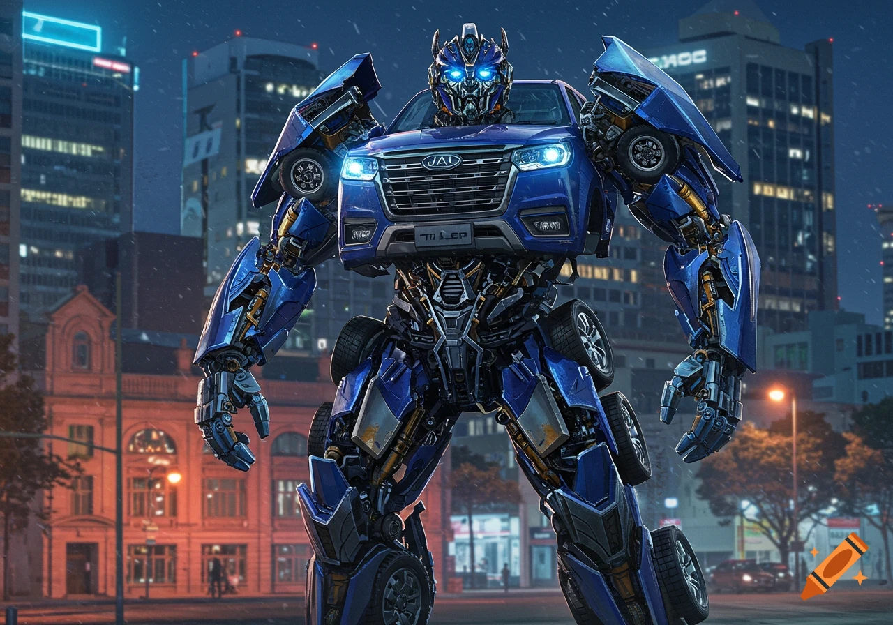 A giant blue robot, resembling a Transformer, stands in a nighttime city. The robot is made of car parts, with glowing blue eyes and headlights.