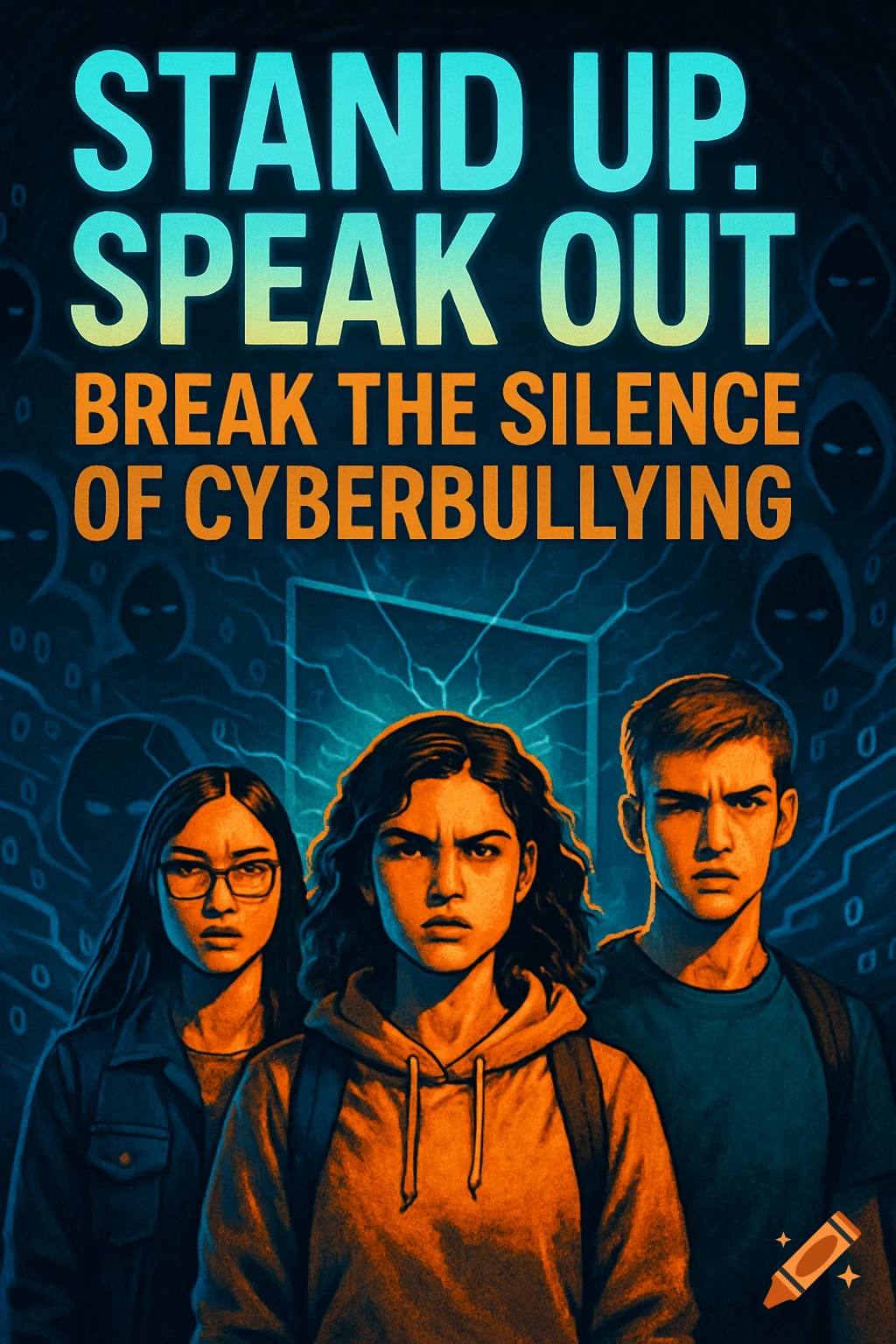 A poster featuring three serious teenagers in the foreground, with shadowy hooded figures in the background. Bold text reads: STAND UP. SPEAK OUT BREAK THE SILENCE OF CYBERBULLYING.
